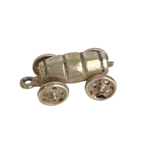 Vintage Sterling Silver Wagon Charm Articulated Wheels Wine Barrel Race Car 800 - Picture 1 of 8